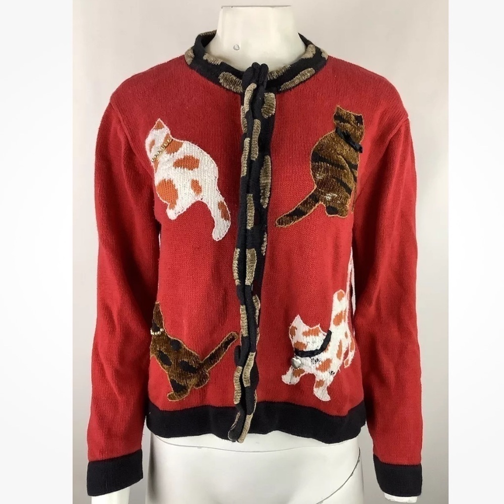 Vintage Jack B. Quick Sz L Cat Embroidered Cardigan Red Ramie Cotton Buttoned